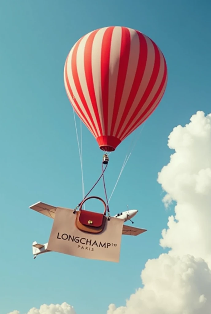  An aeroadvertisement for the brand "Longchamp "  which is a bag brand , que este el avion jalando un cartel que diga Longchamp y abajo PARIS, Let it be a small plane and or a balloon that says the Longchamp brand  