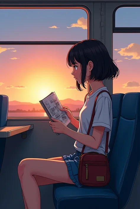 She recalls the sketchbook in her bag, filled with her designs—rough yet brimming with creativity. In anime style when the sun slowly down in the bus

