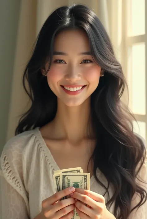 Make a girl ,  Long Black Hair, cara angelical, smile, Happy and with money in your hands 