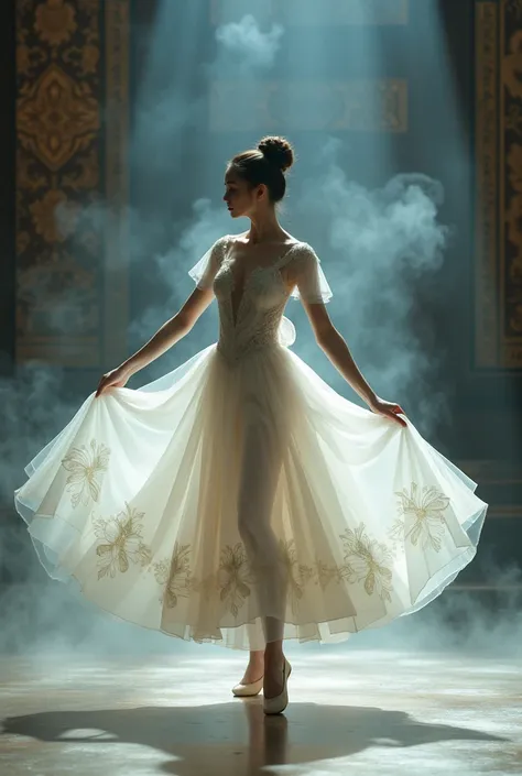 Japanese Girl, wearing ballerina dress, full body, ballerina shoes, dancing ballet, smoke around her, on stage, realistic 