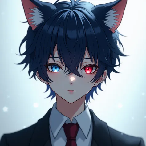 Handsome anime-style boy with bluish black hair with wolf ears and one eye blue and the other red 