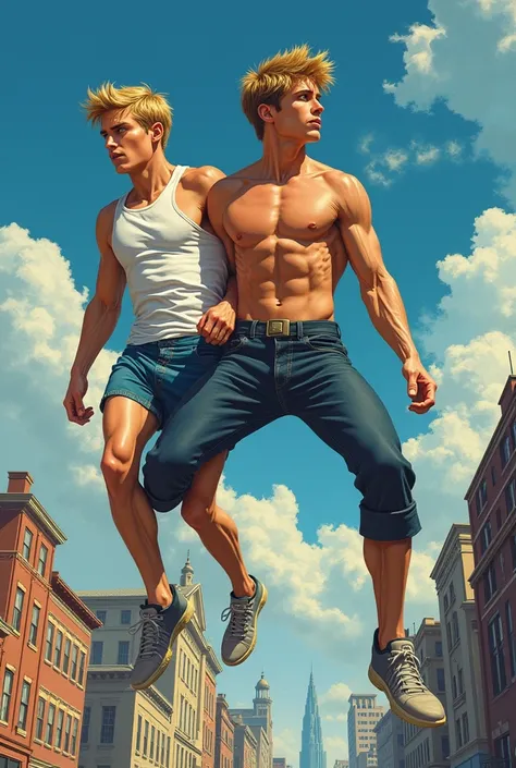 Graphic novel Illustration of two Brothers Muscular hunk caucasian 18 year old blond Vaughn  Harris  and athletic fit teen boy  caucasian blond  Dren Bierce telekintically hovering over city  book  art in the style of Neal Adams 