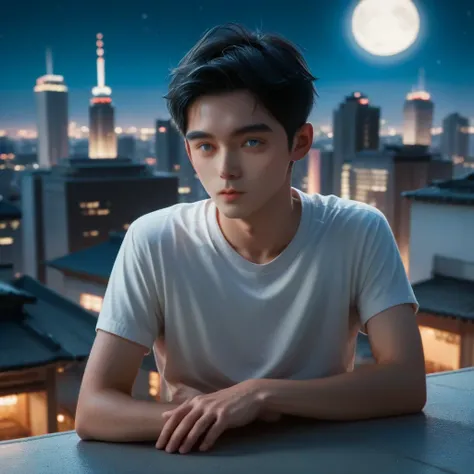  with the moon shining pale,Im sitting on the roof of a skyscraper at night ,japanese boy, 19-years-old,small face,round face,dark blue eyes, black hair,(slim),(small:0.9),(perfect hand)8k,( Realistic)