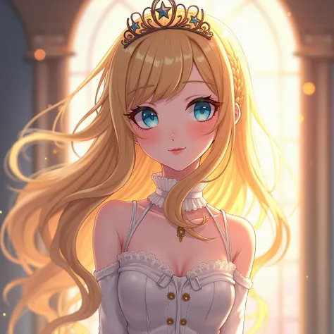 A stunning and detailed anime-style illustration portrays a beautiful girl standing elegantly in a full-body pose, exuding an ethereal and whimsical charm. She has flowing golden hair styled into intricate braids, adorned with a luxurious golden crown feat...