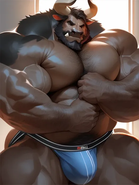 2boys, duo, bara bull, black fur, very large pecs, strong physique, bulge, jockstrap, hug, hugging, very muscular, perfect anatomy, masterpiece, black beard, strong jaw, giant biceps, shirtless, hairy pectorals, solo, great lighting, semi realistic, semire...