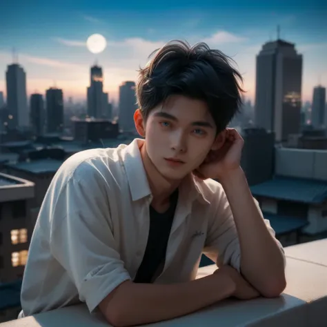  with the moon shining pale,Im sitting on the roof of a skyscraper at night ,japanese boy, 19-years-old,small face,round face,dark blue eyes, black hair,(slim),(small:0.9),(perfect hand)8k,( Realistic)