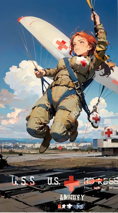 ((hair fluttering in the wind:1.6)),((sky diving:1.6)),((sky jumping from cargo plain:1.8)),((rakkasans:1.5)),((lots of white parachutes in the blue sky:1.9)),((cover page:1.5)),((airborne soldier:1.5)),((sky Paratrooper:1.5)),((far bridge:1.5)),((best qua...