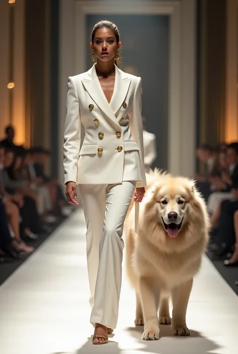 Create a video of a fashion show featuring a person dressed in a stylish, double-breasted white suit with gold buttons is confidently walking alongside a very large, fluffy dog. The video should start with an introduction of the venue and transition into t...