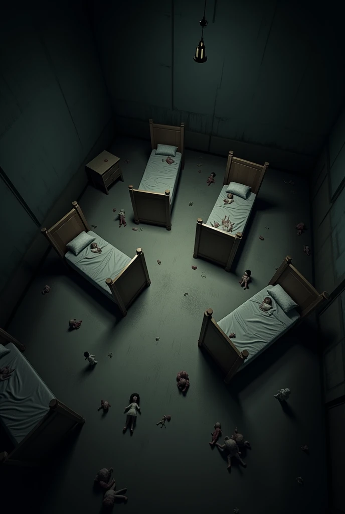 A haunting scene of five empty beds in a dark room, with scattered toys and a sense of eerie silence, hinting at the ren’s sudden absence.