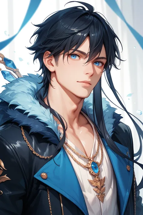 Black-haired boy with long locks and blue eyes blue yucata  