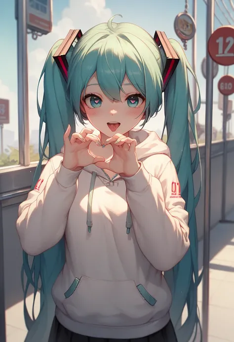 masterpiece,1girl,solo ,heart-shaped pupils,cute pose, hoodie,,  stationary restraints, Hatsune Miku, at train station japan