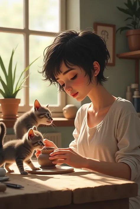 Beautiful short haired girl with two kittens making a ceramic piece