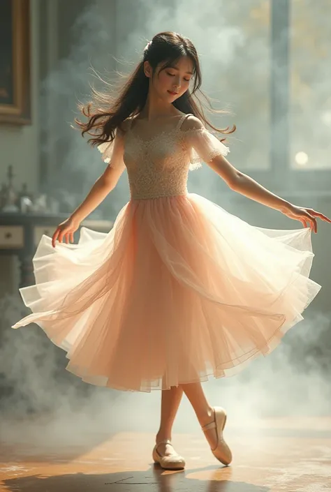 Japanese idol Girl ,wearing ballerina dress, full body, ballerina shoes, dancing ballet gracefuly, smoke around her