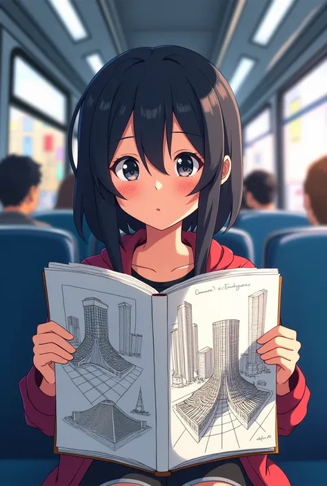 Sketchbook with architecture design . In anime style at the bus. A girl
