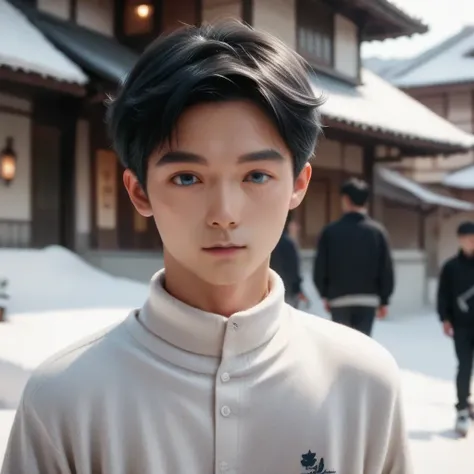 Im skating on a beautiful glacier,japanese boy, 19-years-old,small face,round face,dark blue eyes, black hair,(slim),(small:0.9),(perfect hand)8k,( Realistic)