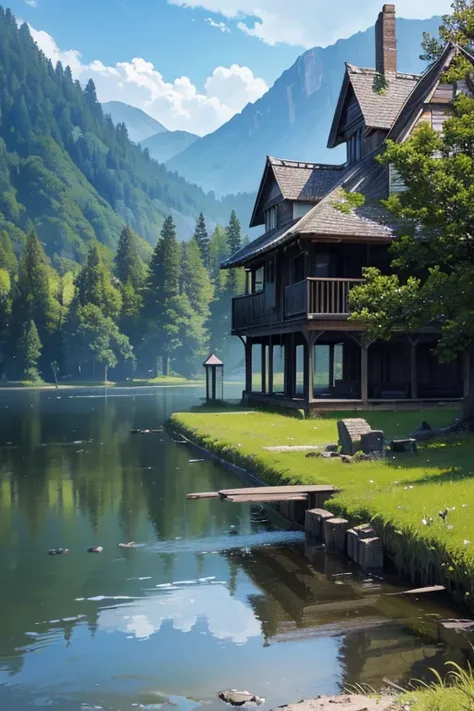 Abandoned house by the lake,landscape, water, ( 8K Wallpaper with Extremely Detailed CG Units ),  The Worlds Most Beautiful Artwork, Magnificent Oil Paint Professional,  complicated,  high detail,  sharp concentration,  Dramatic Photorealistic Painting Art