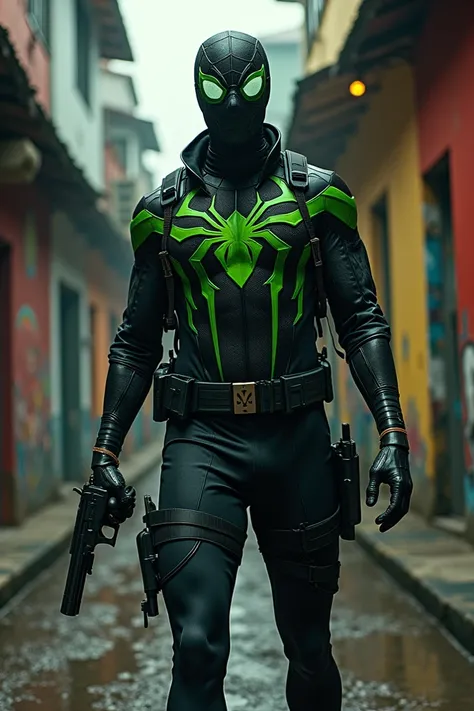 Create an image of Spider-Man inside a city in Rio de Janeiros favela wearing a black and green outfit and the marijuana symbol between his breasts holding a 38-caliber revolver