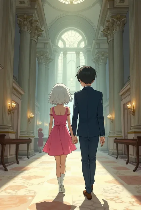 A white-haired girl in a short pink dress with a black-haired boy and a dark blue suit,  walking clasping arms in a large room