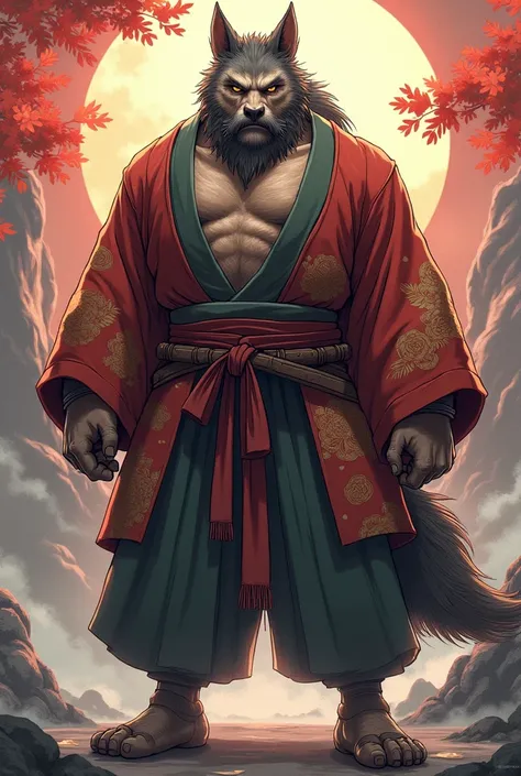 male wolf orc，30 years old，Wearing a kimono，robust，There is a mustache， Anime Style