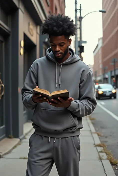 Create an image of a black man with an afro, wearing a hoodie and grey sweatpants reading the bible while standing on the sidewalk