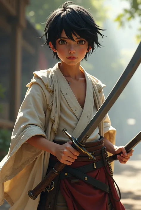 image, a warrior/ adventurer with short black hair ,  using two medium-sized swords , 23 years old, White-skinned western with a relaxed personality