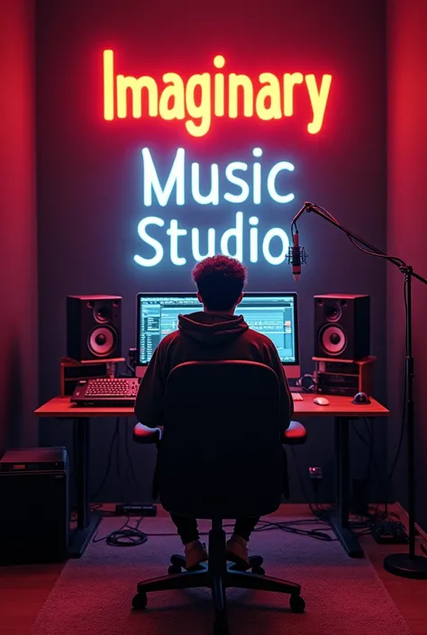  a recording studio with gamer strings , studio horns ,  condenser microphone ,  and all the necessary equipment of a music studio that visibly shows the name Imaginary Music Studio with a person sitting on their back as if they were editing in front of a ...