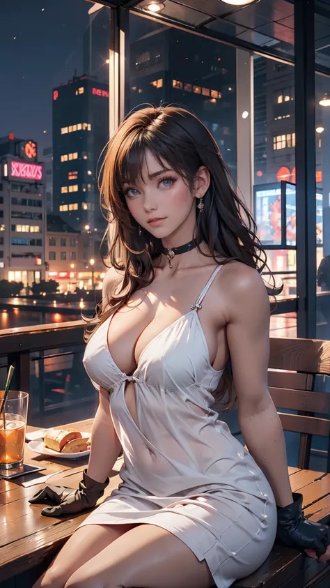 Lunch on the roof of a skyscraper、 dining 、 cyberpunk 、 night view、 neon light、Metropolis、 best quality、masterpiece、 Ultra High Definition、24 year old Caucasian female、 green eyes、 long lashes、Eye Makeup、 lip gloss 、 Silver Hair、 sexy proportions 、7 heads、...