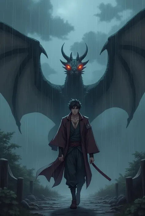 a male anime character who is walking towards the darkness in the rain with dragon back him