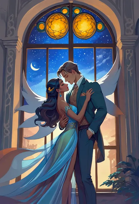 at night.  white couple in elegant clothes by the Indian artist .  Beautiful couple with perfect anatomy ,  the one grabbing it around the waist , gluing it to the ,  the one with his hands in his pocket .  Tall man kissing the forehead of a small woman wi...