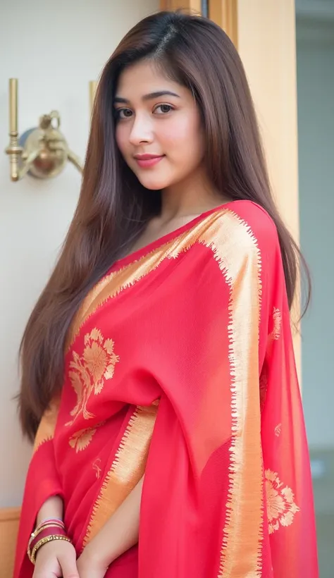 Cute, beautiful woman,(full body view), big natural lips, ((saree)), indian female model divya bharti, dark red lips, dark red lips,