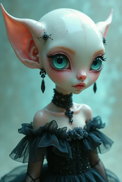 Cute light pink alien woman with goth clothes and dark aquamarine eyes