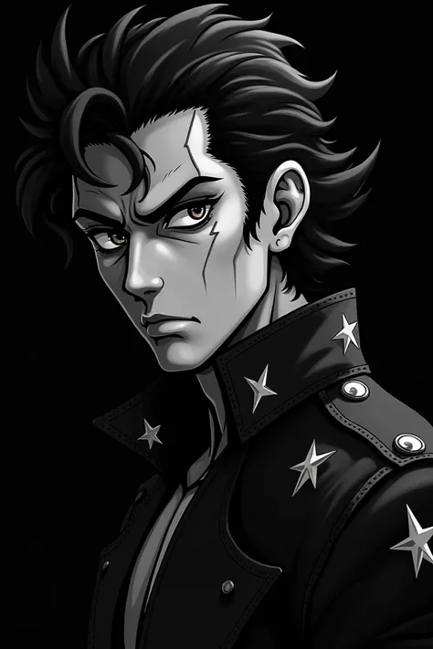  Close-up photo of the character Jotaro Kujo, Details of his normal jacket ,  black background , husky,  style from Jojos Bizarre Adventure ,  in black and white 