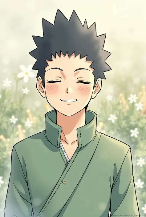 I need Shikamaru from Naruto illustrated a tender pasayo with a tender smile and a somewhat ish background