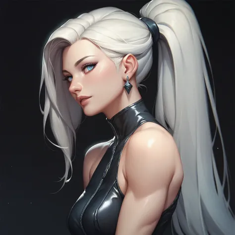 female sleeveless black leather catsuit, bare shoulders, racerback, bare toned arms, beautiful faces, black ponytail with showing forehead, long ponytail, black earrings, soft smooth skin, pale skin, black background, blue eyes, sci-fi