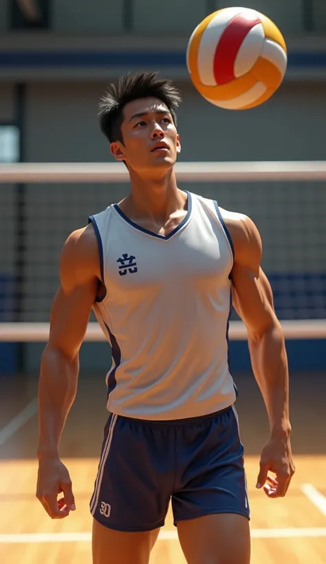 (photorealism:1.2), Handsome japanese man, 22-27 year-old, tight volleyball jersey, playing volleyball, indoor