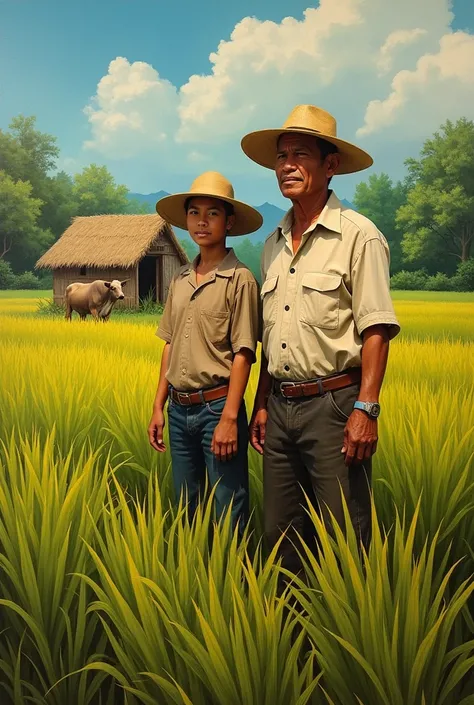 Can you create an painting with the theme "sining at agrikultura: isang pamana" And the details is
Background: palay and has 1 carabao
 and 2people which is 1  and 1 elder like grandma or grandpa and add some more details like "kubo" In salakot hat Phillip...