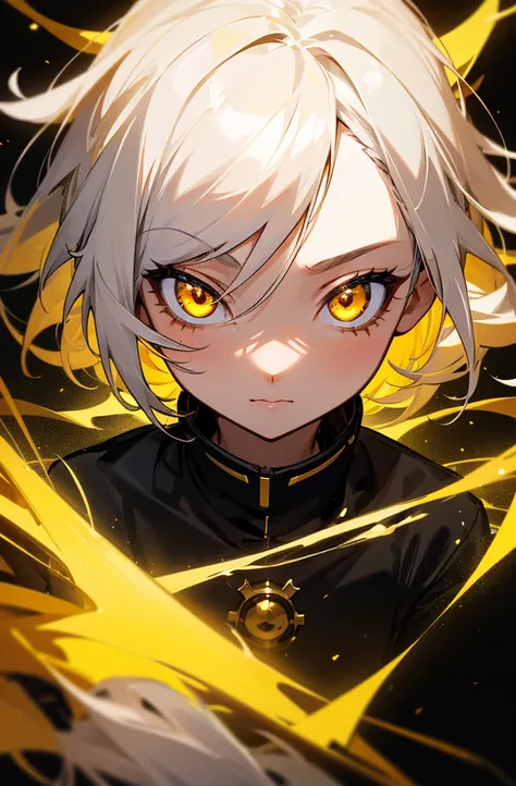 mksks style, 1girl, cute, surrounded by yellow lighting, gold eyes, white hair, black background, closeup, no smile, masterpiece, ultra detailed