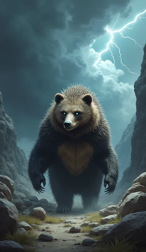 hybrid mystical animal  fusion hedgehog and bear, in one frame, in a rocks area and there are thunderclouds