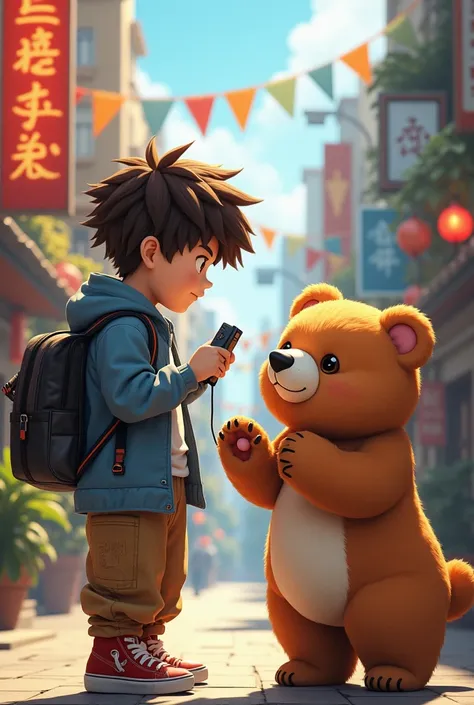 A brown-haired boy like Dragon Ball Z gamer and an epic and cuddly anime bear the little bear alive and with cafe gamer fur all epic that the environment is not in a forest
