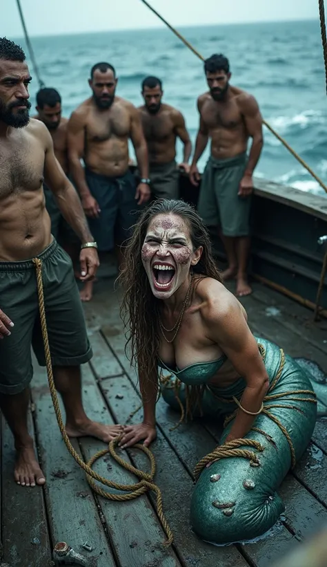 On the deck of a small, weathered fishing boat in the middle of the vast ocean, a group of grim-faced fishermen stands around a horrifying scene. A monstrous mermaid is on her knees, bound tightly with rough ropes, her long, wet hair clinging to her twiste...