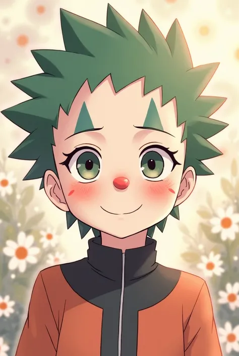 I need Shikamaru from Naruto illustrated by Pasayo with a cute CLOWN makeup with a tender smile and a somewhat ish background