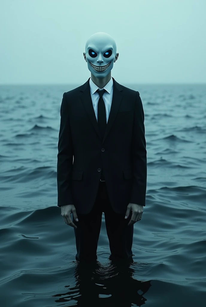 Man,black suit, wore Undertale W.D. Gaster masker lateks(wide smile mask) , glowing blue left eye, standing in the middle of ocean, gazing at the viewer, waiters pose,