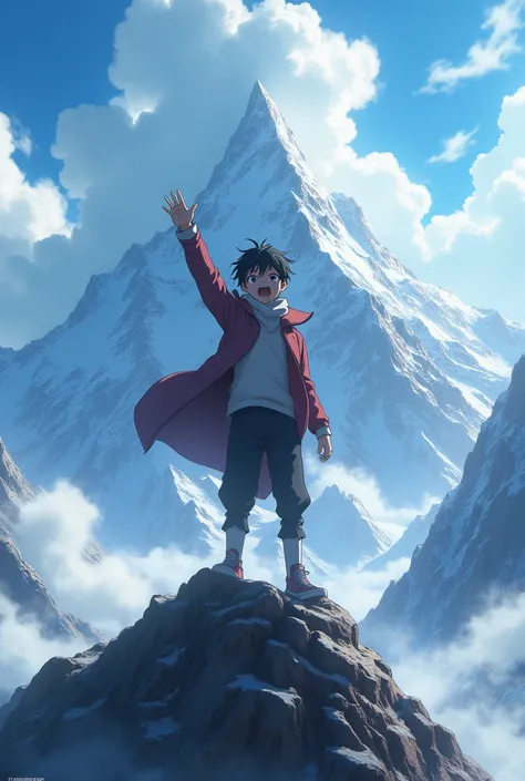 On mountain and yelling by happing and up his hand. Anime pic look realistic