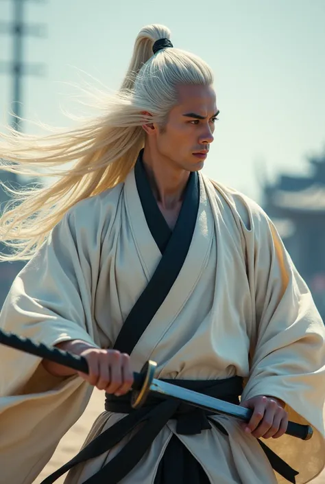 Otsutsuki Japanese male Knight,pale masculine, athletic body wear pure White traditional japan men kimono and black inner shirt, Straight white long hair blowing by wind, slashing samurai sword, in the middle of epic battlefield