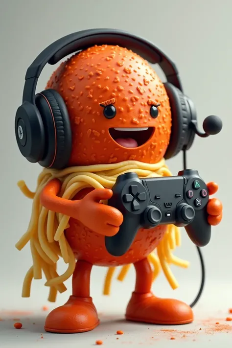 A cartoon meatball with spaghetti noodles for arms wearing gaming headphones holding a gaming controller 