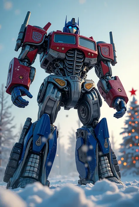 a giant robot transformer,Optimus Prime,standing in a snow covered winter landscape, Christmas tree with ornaments and lights in the background, snowing, detailed mechanical structure, intricate gears and machinery, shiny metallic body, glowing eyes, heroi...