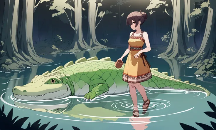 A cute woman (tribal dress, hair up, sandals, clay pitcher) is filling her pitcher at a tranquil lake, a green dragon slowly swims towards her like a predatory crocodile with only its eyes and a few bends breaking the surface of the water with gentle rippl...