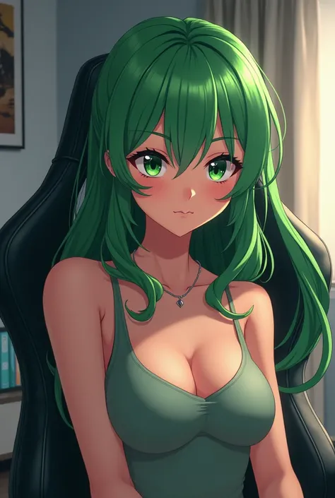  anime style .  Contemporary anime trait,  most realistic and vivid . 
adult woman,  tan white skin tone ,  long green hair ,  fringe divided into 3 parts , green eyes, green eyebrows  ,  Sitting in a gaming PC chair looking to the side with frowning eyebr...