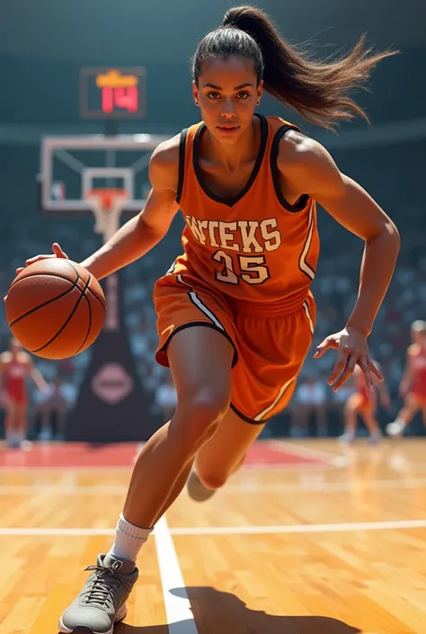 Create an image of a woman playing basketball