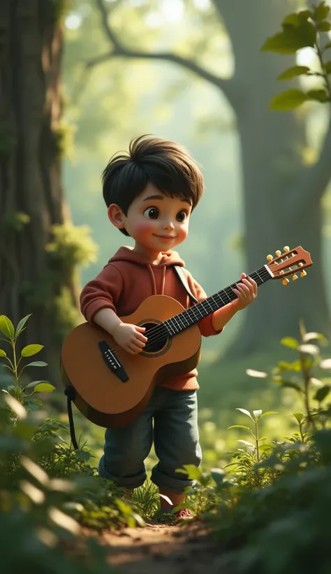 Boy playing guitar, sitting in a forest, realistic environment, gaming websites, 3D realistic style, reference: dribbling, Behance and other avant-garde web design creativity, fresh typography, high-quality composition solutions，Banner image game font says...